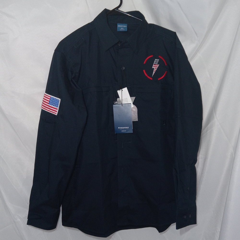 Propper Tactical Long Sleeve Button Up HLX Embroidered Patches Mens M Navy NWT